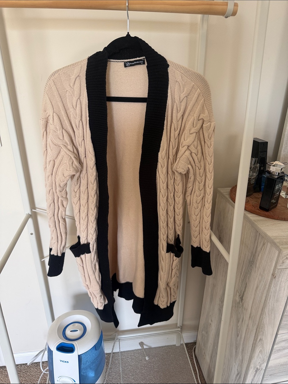 Othr Beige Cable Knit Open Cardigan with Black Trim